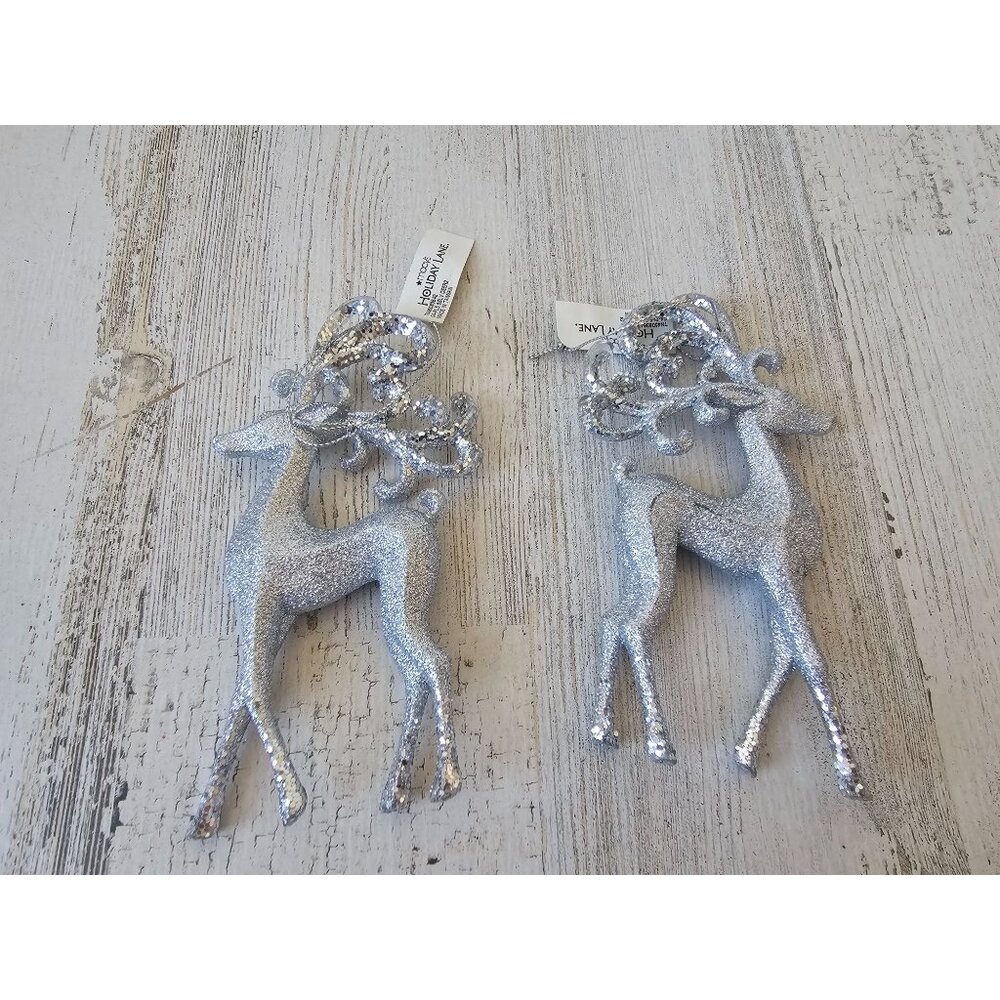 Macys Holiday Lane silver‎ reindeer deer ornament glitter Xmas tree set